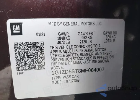 2021 Chevrolet Malibu Fwd Lt z USA, uszkodzony, nr VIN 1G1ZD5ST8MF064007